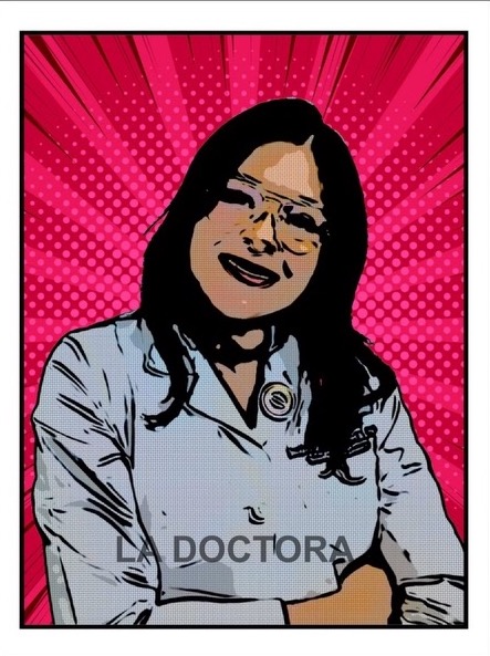 Comic book art depiction of Dr. Casimiro in Loteria card style depicting the caption "La Doctora"