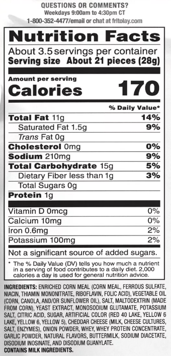 Chips ingredient label